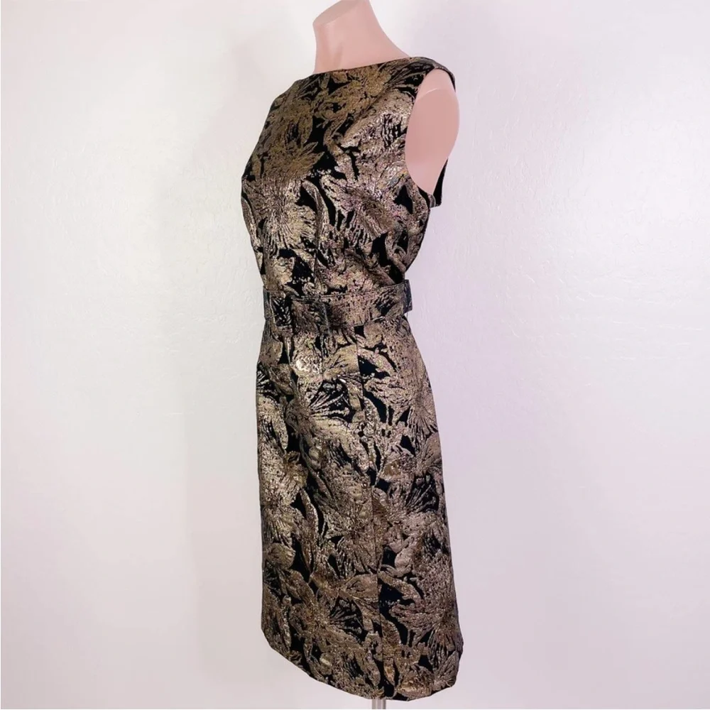 Jacquard Aurelia Black Gold Belt Sheath Midi Dress - Picture 2 of 9